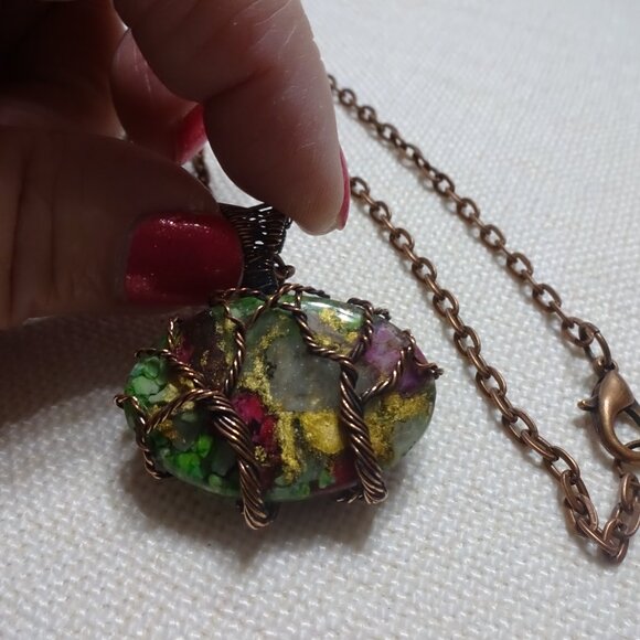 Rustic OYSTER TURQUOISE Handmade COPPER WIRE-WRAPPED Pendant/Chain #804B - Picture 3 of 3